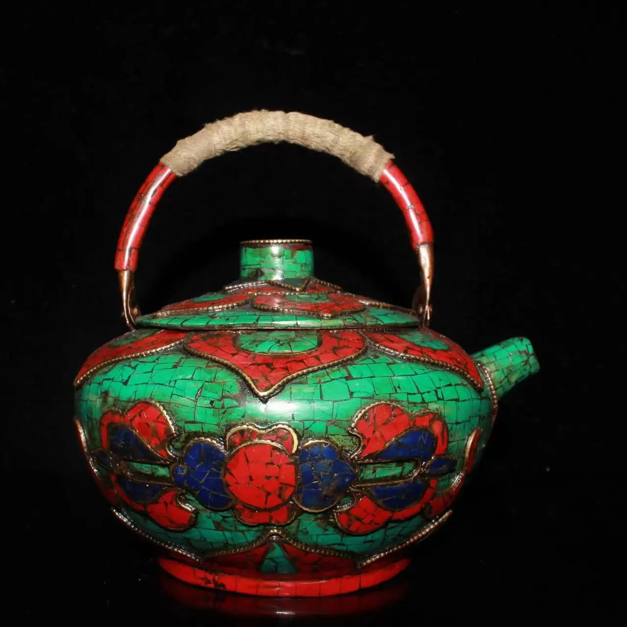 Old Tibet Handicraft copper Turquoise & Ruby teapot, Free shipping