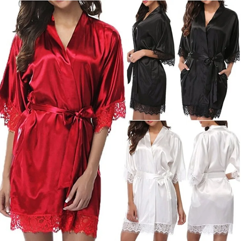 Gown feminino de renda, mini vestido de noite sexy com manga halt, roupão de banho, pijama com cinto, novo