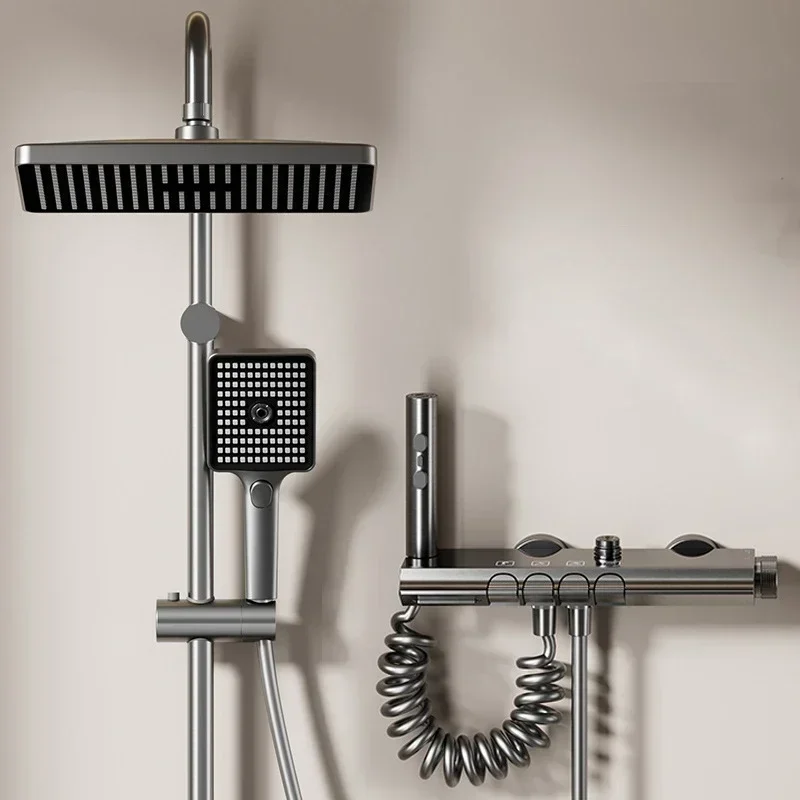 Bathroom Four-function Piano Key Thermostatic Shower System Aluminum Wall Mounted 4 Ways Water Outlet Luxury  Faucet Set