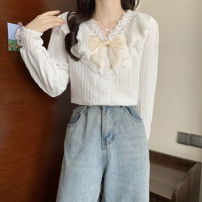 Femme printemps été mode Preppy Style bouton couleur unie col en v coton femmes chemises jeune Style animé à manches longues haut t-shirt