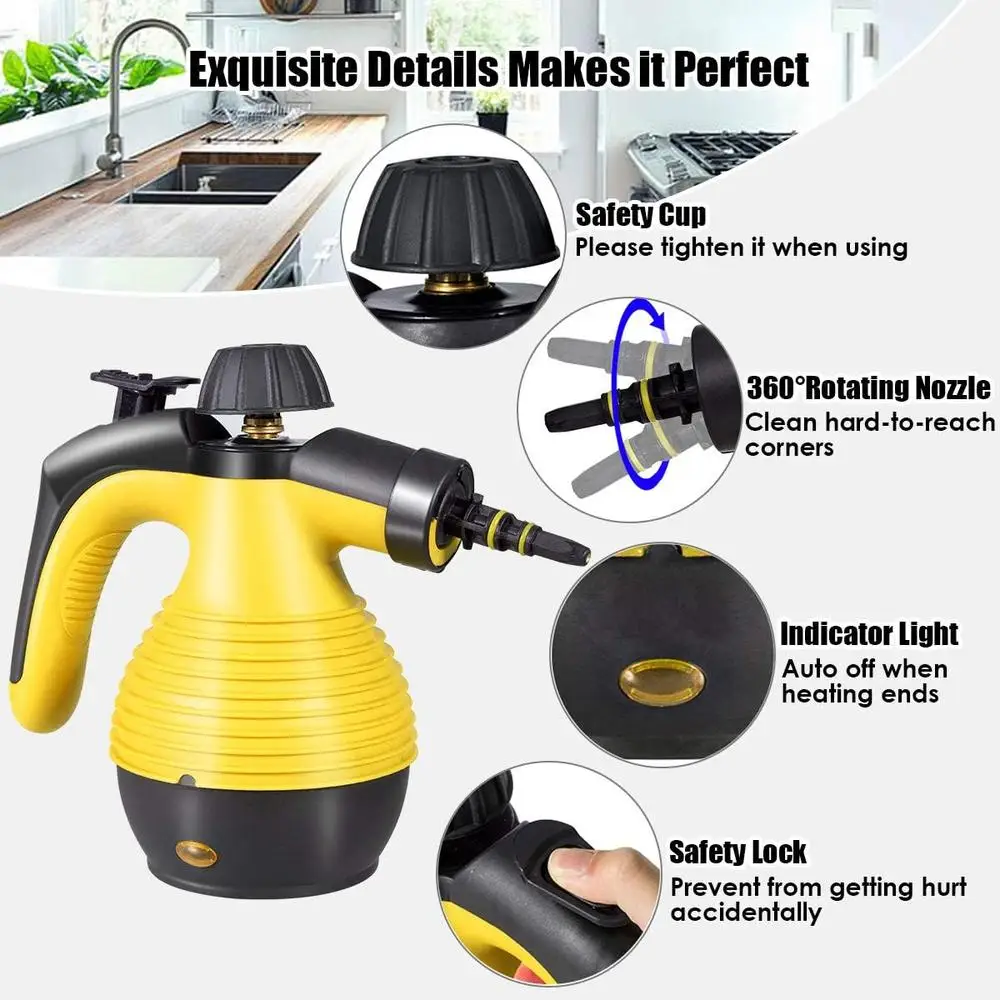 Handheld Pressurized Steam Cleaner 1050W Fast Heating Multi-Purpose Steamer with 9 Accessories Safety Lock Lightweight Portable
