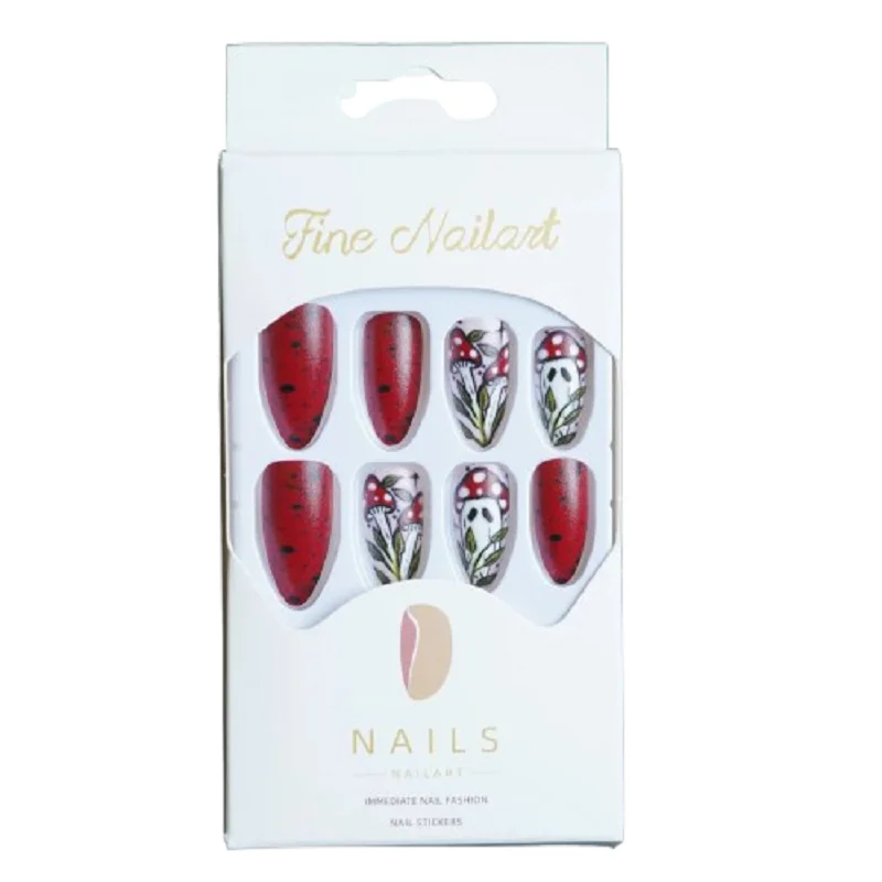 24 pièces Halloween champignon fantôme amande faux ongles longue pression sur les ongles mode dessin animé rouge rond faux ongles avec Design amovible