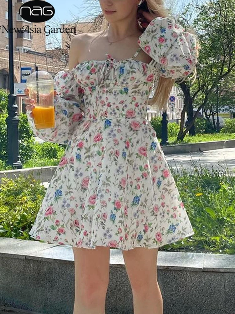 NewAsia Floral Dress Women Lantern Long Sleeve Ruched Print A Line Square Neck Tie up Mini Vestidos Sexy Chic Summer Beach Dress