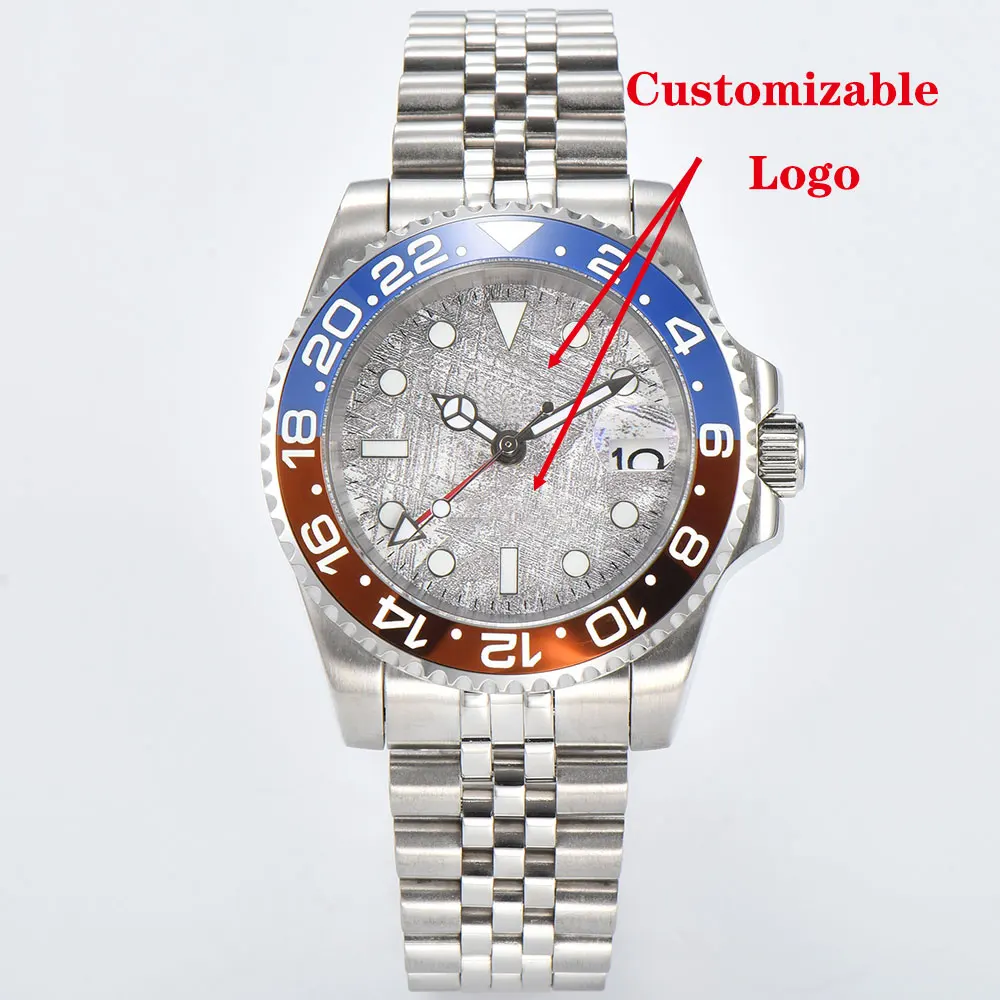 40mm 럭셔리 남성용 시계 NH34 무브먼트 GMT 자동 기계식 시계, 사파이어 유리 및 맞춤형 로고 비즈니스 남성용 시계