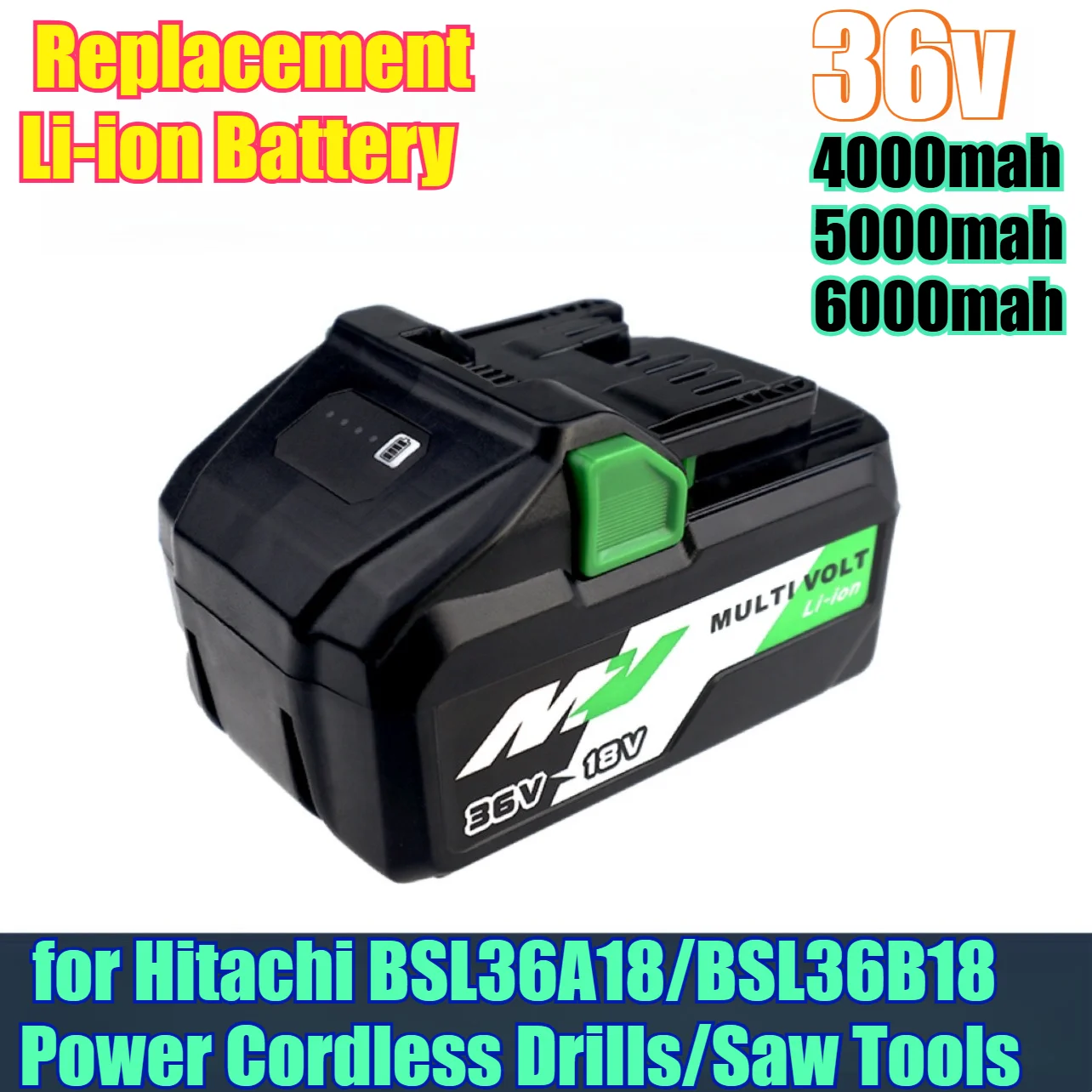 6000mAh 36V/18V High-Capacity Replacement Li-ion Battery for Hitachi BSL36A18/BSL36B18 Power Cordless Drills/Saw Tools