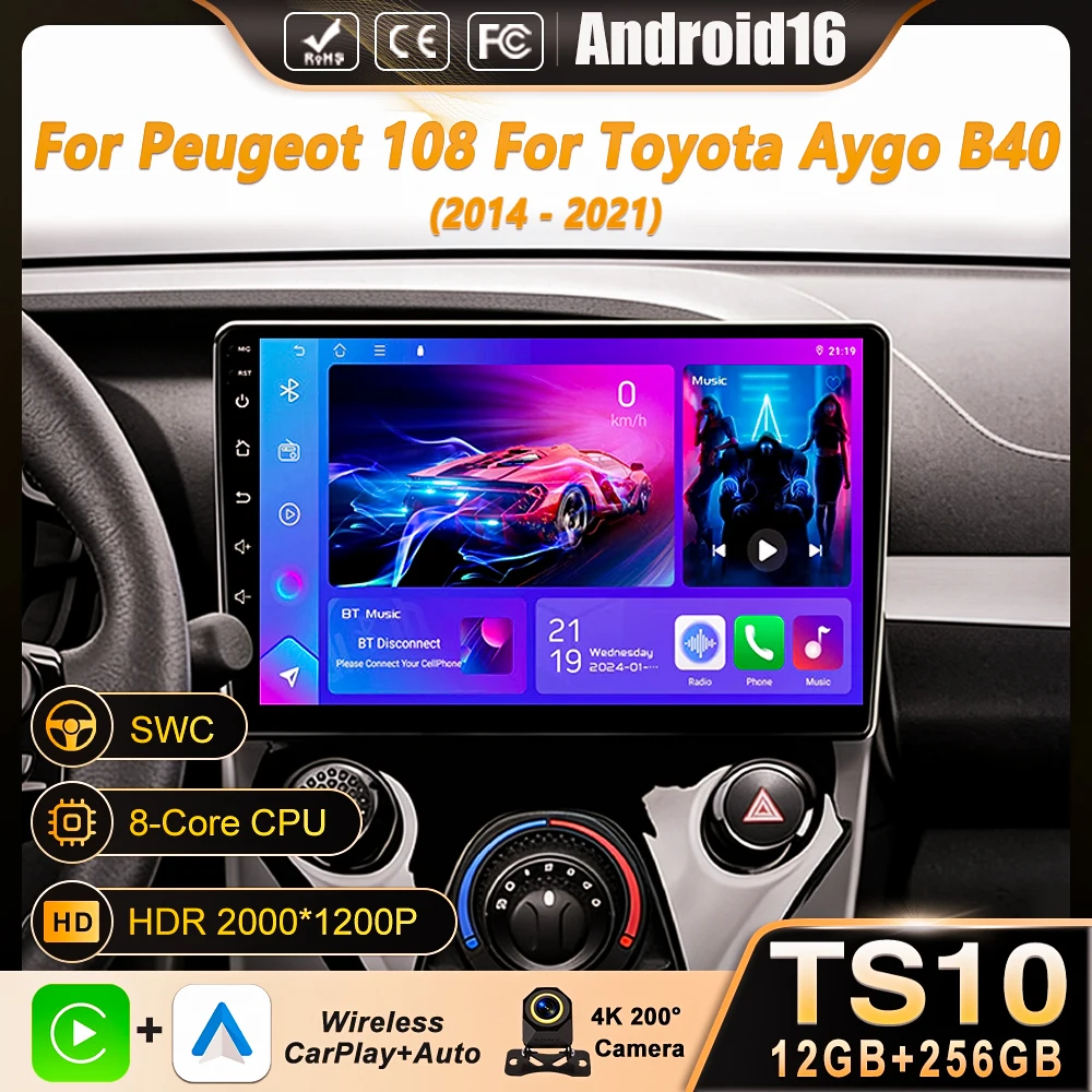 

Автомагнитола Android 16 для Peugeot 108, Toyota Aygo B40 2014-2021, мультимедийный видеоплеер, навигация, стерео, GPS, 4G, WIFI, без 2DIN