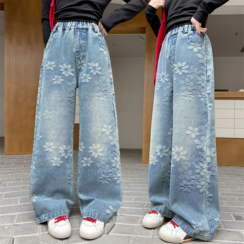 American Street Style Kids Clothing Retro Denim Trouser Child Girl Fashion Jacquard Design Y2K Loose Straight Ripped Jeans Pants