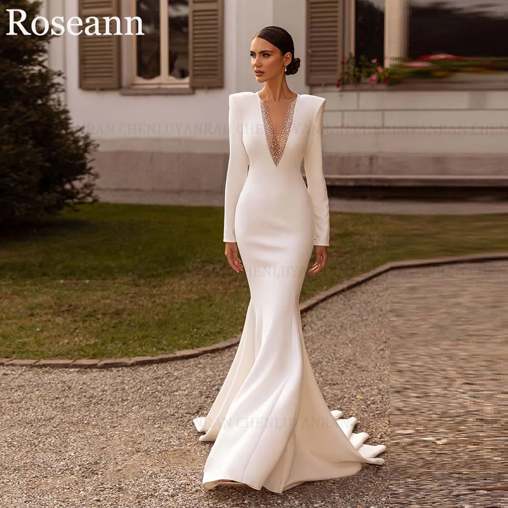

Customized Modern Beading Wedding Dresse 2026 Mermaid O-Neck Bride Dress Women Long Sleeve Button White Civil Bride Bridal Gowns