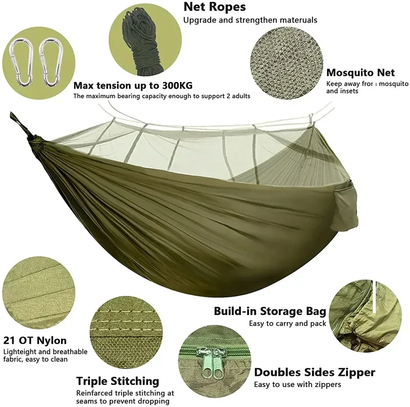 Camping Hammock with Net, Lightweight Portable Double Parachute Hammocks, High Capacity & Tear Resistance for Backyard,Hiking