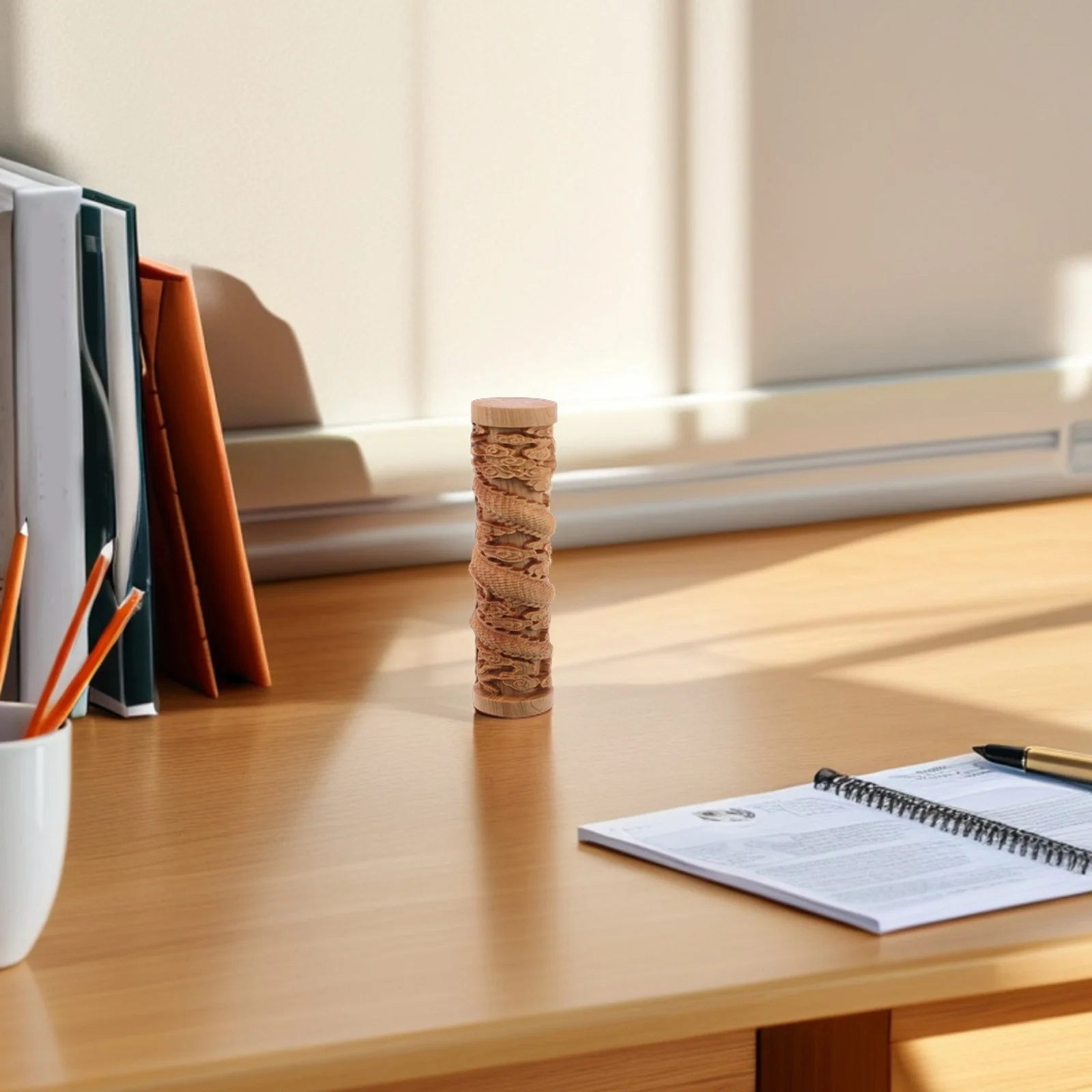 Wooden Dragon Pillar Desk Ornament with Intricate 3D Carving for Home Office Decor Symbol of Peace and Good Fortune