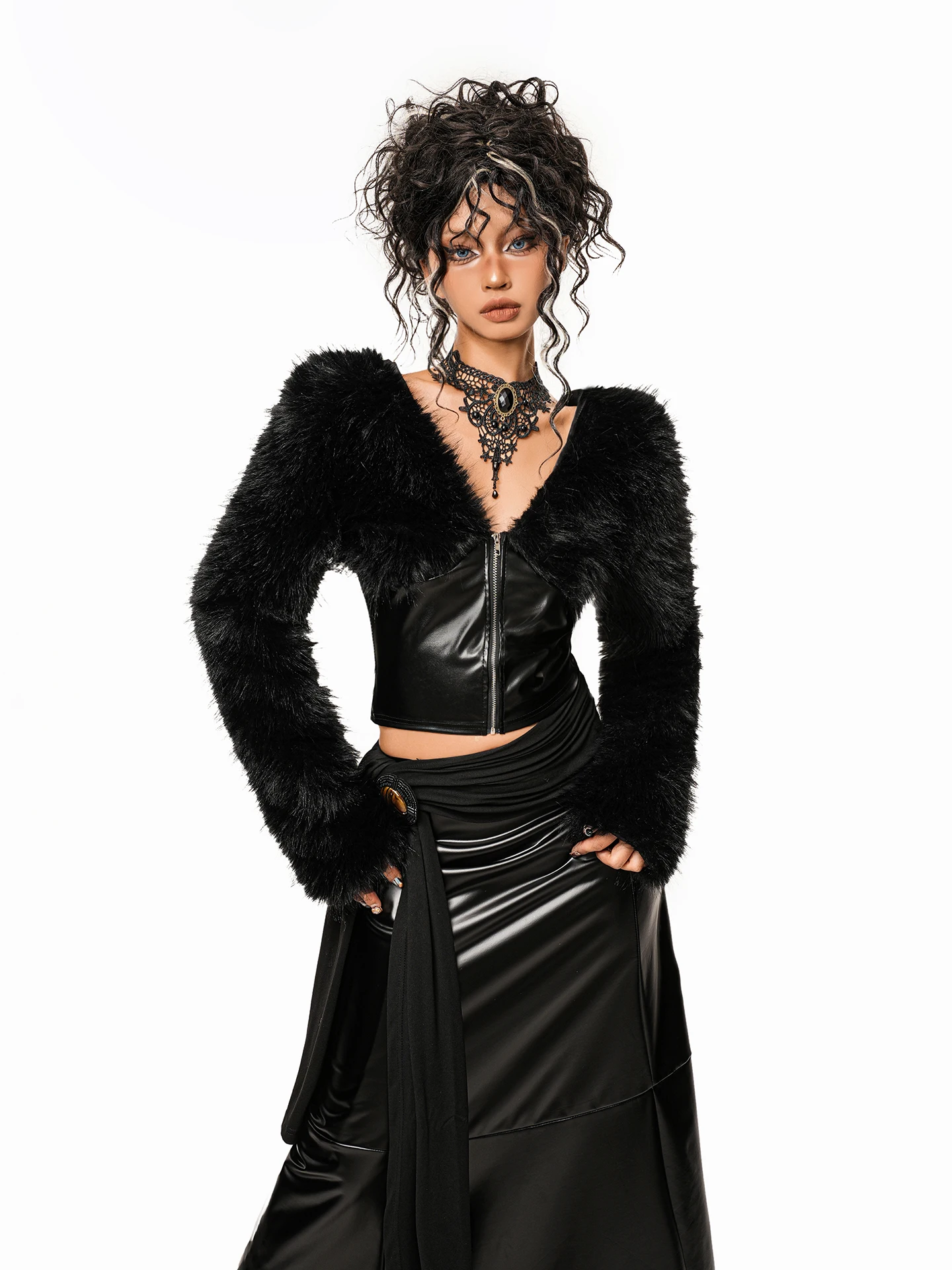 เสื้อแจ็คเก็ตขนสัตว์คอวีเซ็กซี่สำหรับผู้หญิง ฤดูใบไม้ร่วง ฤดูหนาว เสื้อโค้ทสั้น ซิปหนัง ขนสัตว์  รัดเอว แขนยาว หลากสี