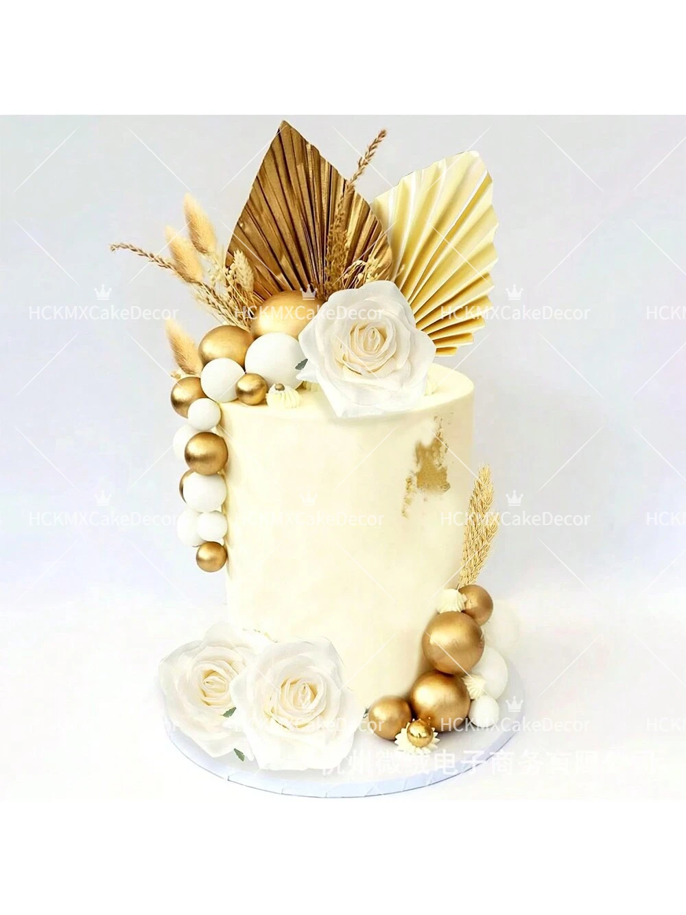 4 Stück Boho Kuchendekorationen Palmblatt-Fächer Kuchendekoration Gold Elfenbein Papierfächer für Hochzeit Geburtstag Party Zubehör – Detail 2