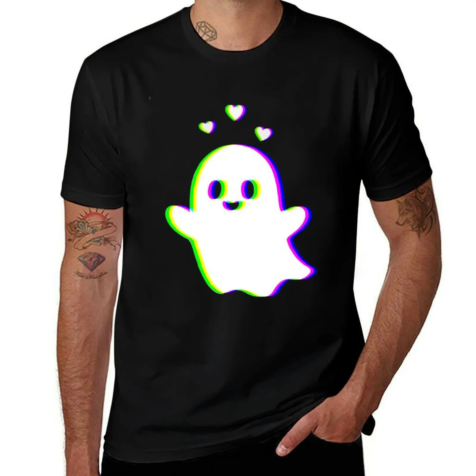 

Милая футболка Glitch Ghost with Hearts — Kawaii Vaporwave Halloween Spirit, винтажная мужская хлопковая футболка