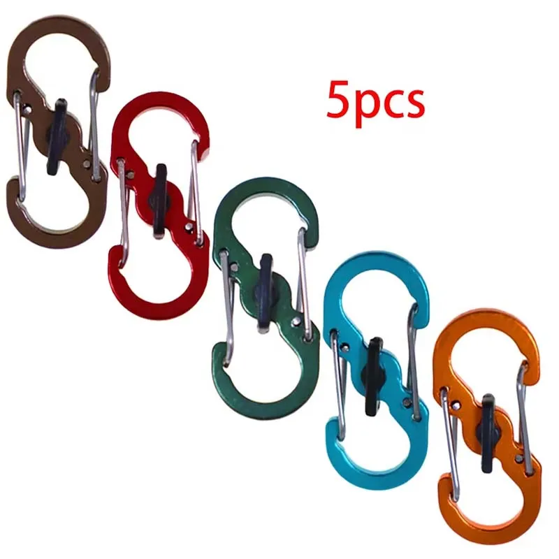 5 قطع من حلقات تسلق صغيرة على شكل حرف S - خطافات سلسلة مفاتيح مضادة للسرقة للتخييم في الهواء الطلق وأبازيم حقيبة الظهر وأدوات المفاتيح