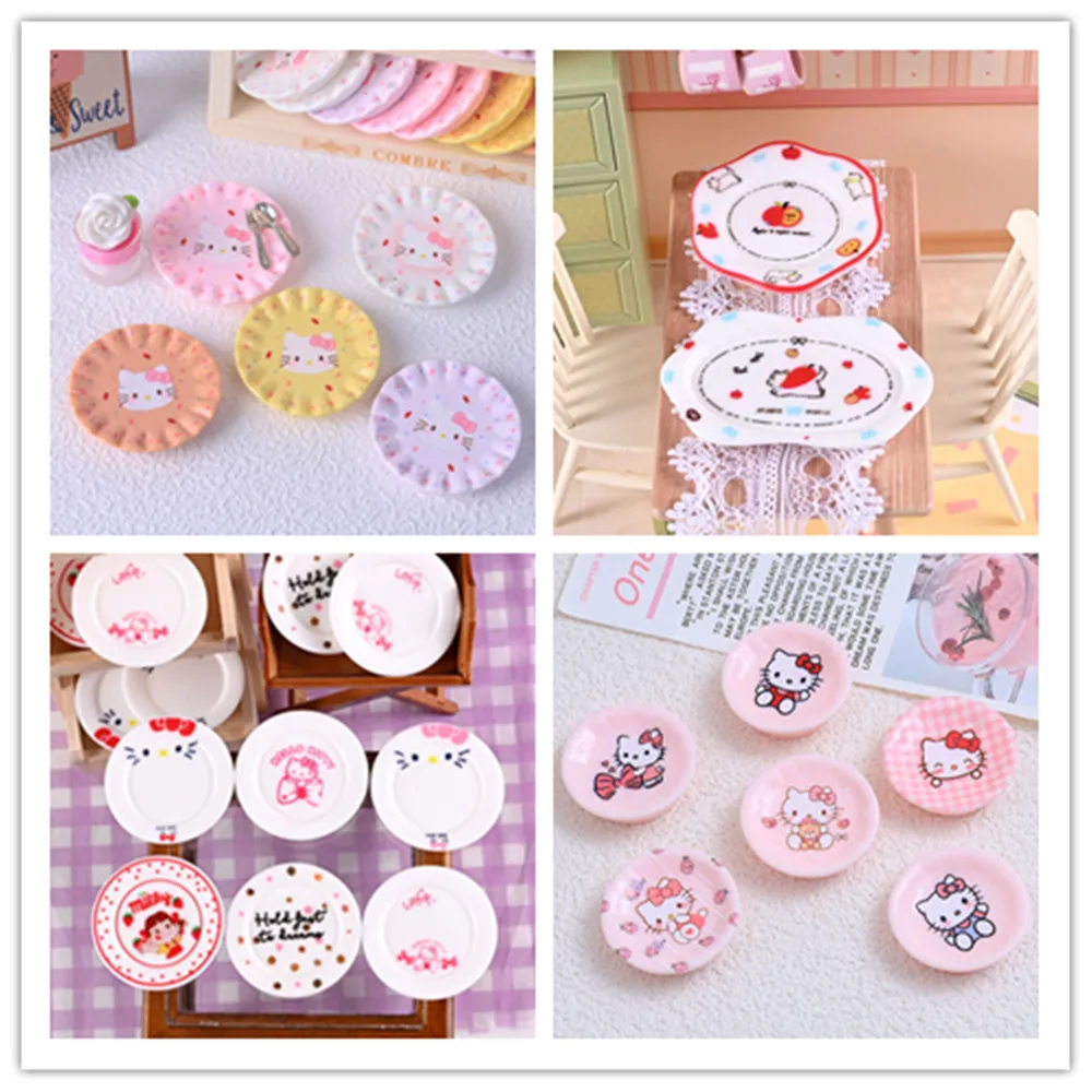 

100pcs Simulation Cartoon Sanrio Hello Kitty Plate DIY for Kitchen Dinner Tableware Dollhouse Decor Accessories