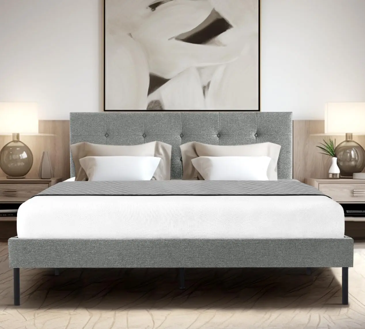 

Bumblr Twin Bed Frame Headboard Upholstery Sturdy Wooden Slats Easy Assembly No Box Spring Needed Elegant Light Grey Finish