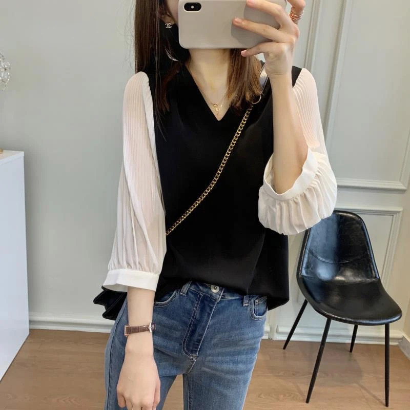 

Fashion Autumn Color Blocking Loose Blouse High-quality Patchwork 3/4 Sleeve All-match Temperament Chiffon Pullover Shirt N260