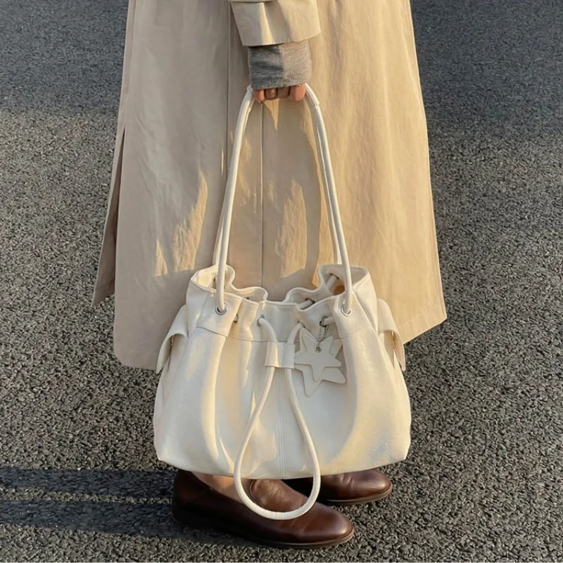 Fashion Drawstring Bucket Bag Women Star Charm Shoulder Purse Bow Decor Soft PU Casual Daily Shopping School Dating Handbag Lady