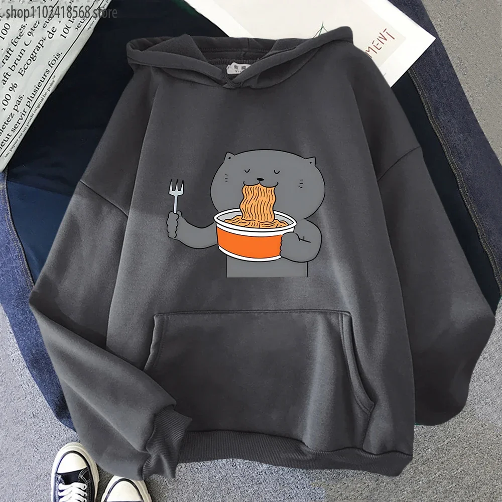 Cat Eating Spaghetti Hoodie Fashion for Sweatshirt with Hooded Long Sleeve Hoody Men Women Streetwear Harajuku Animal Print Tops