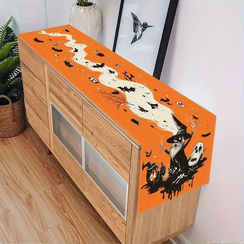 VIKAMA Halloween Table Runner Black Cat Pumpkin Bat Print Table Decor For Fall Holiday Dinner Spooky Theme Party Home Decor