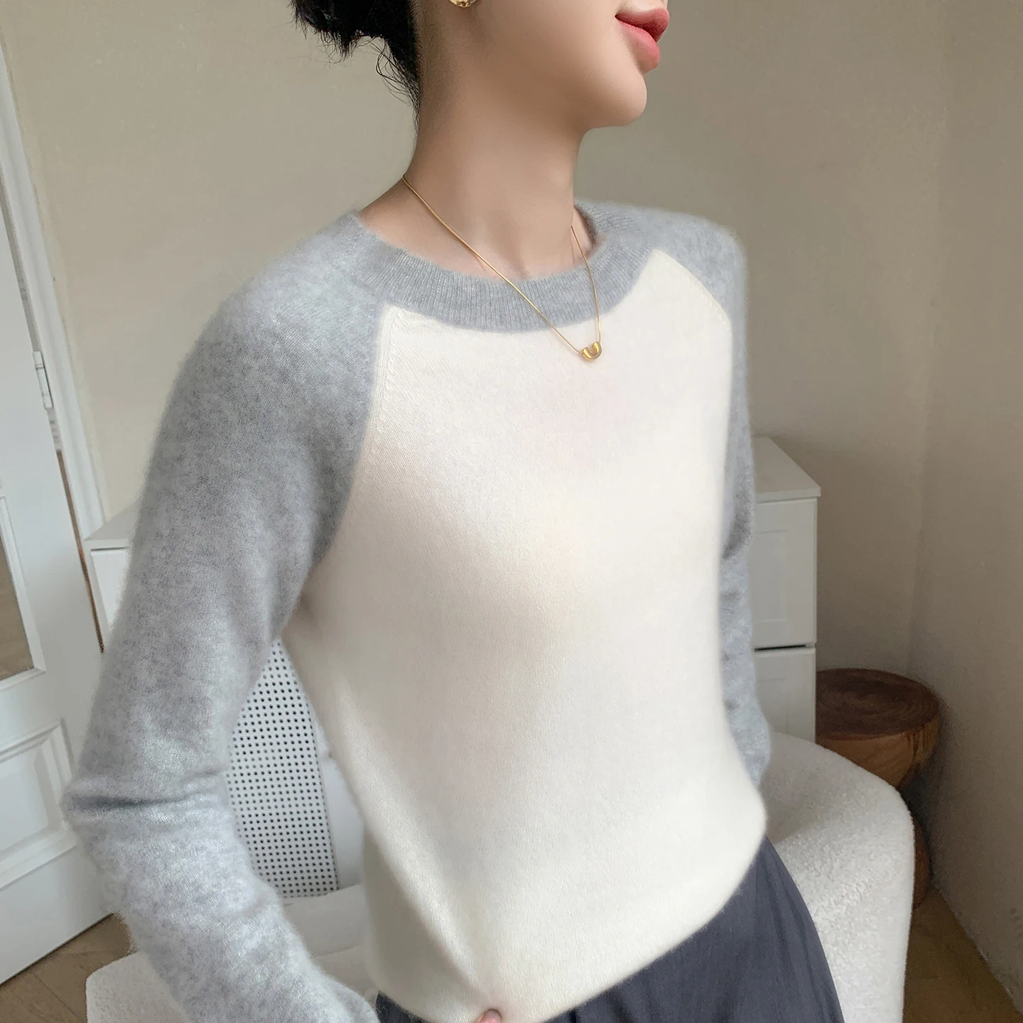 Women's 100% Pure Cashmere Sweater 2025 Autumn/Winter New Round Neck Knit Pullover Fashion Color Blocking Soft Comfortable Tops