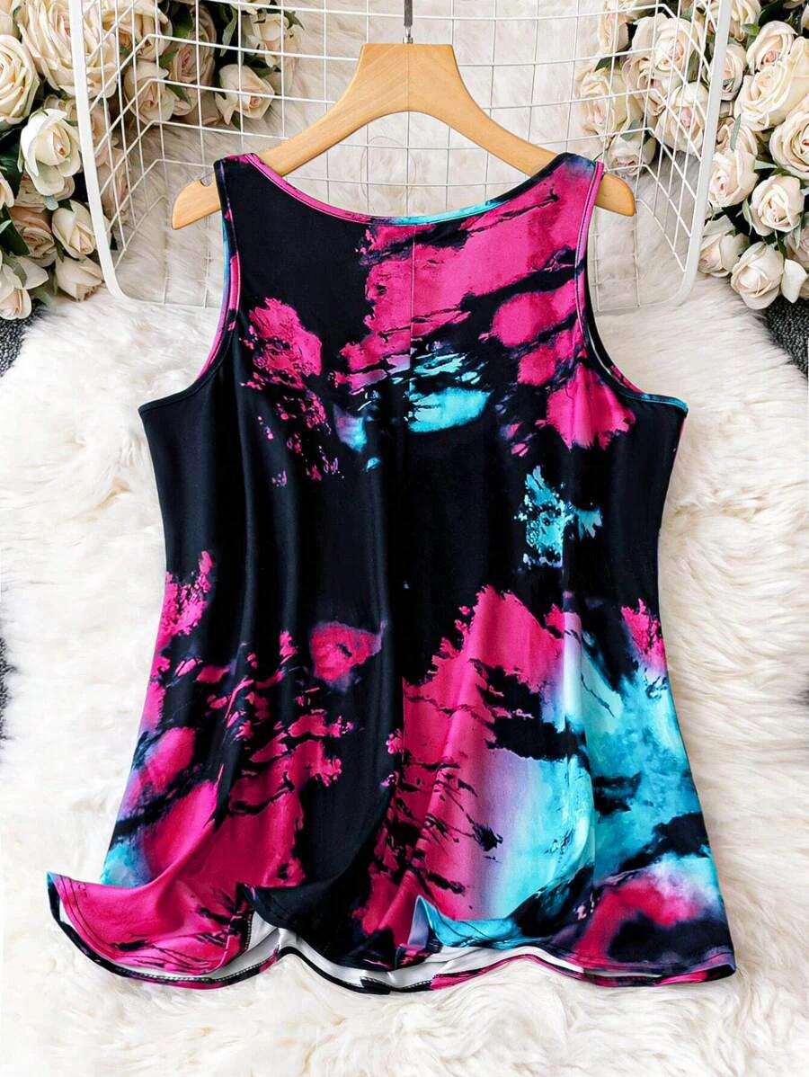 Plus Size Tie Dye  Casual Sleeveless Notched Neck Tank Top