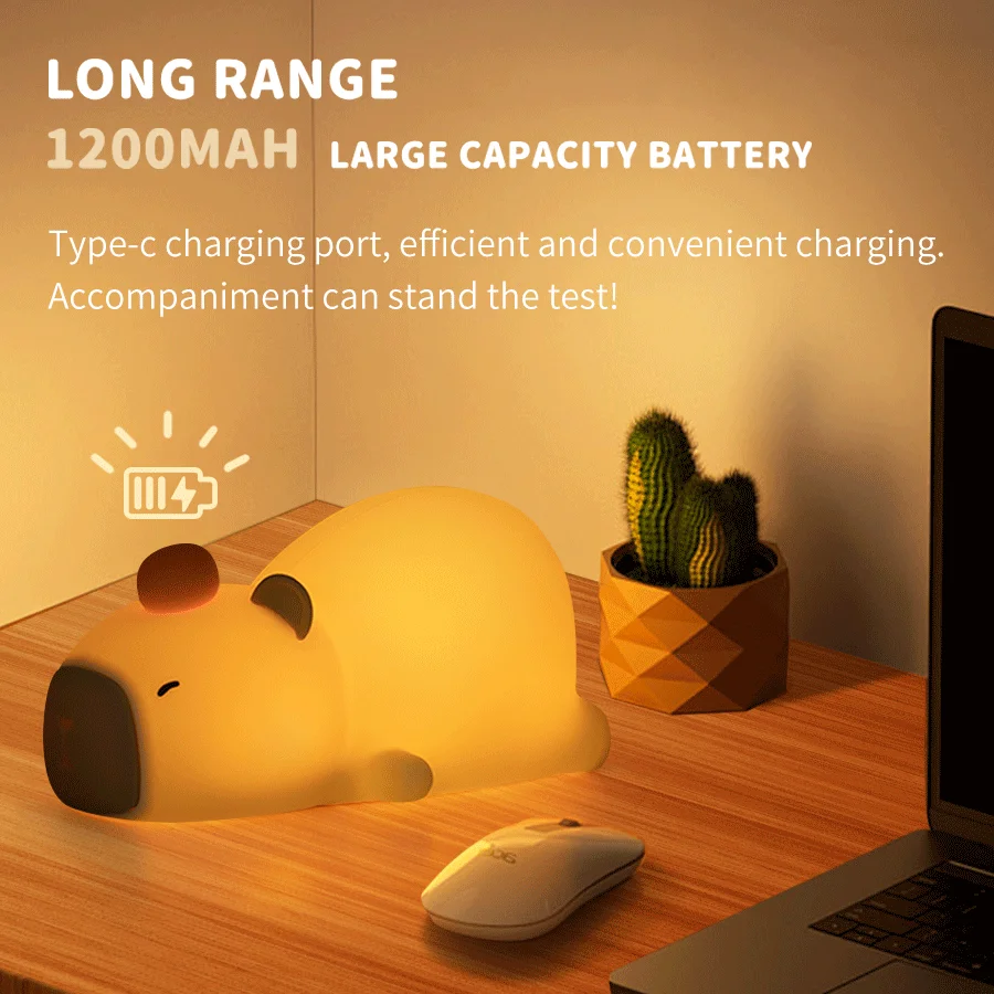 ไฟกลางคืน LED capybara ซิลิโคนลายการ์ตูนน่ารักชาร์จไฟได้ด้วย USB หรี่แสงได้ lampu tidur สำหรับห้องนอนของขวัญตกแต่งตั้งโต๊ะ