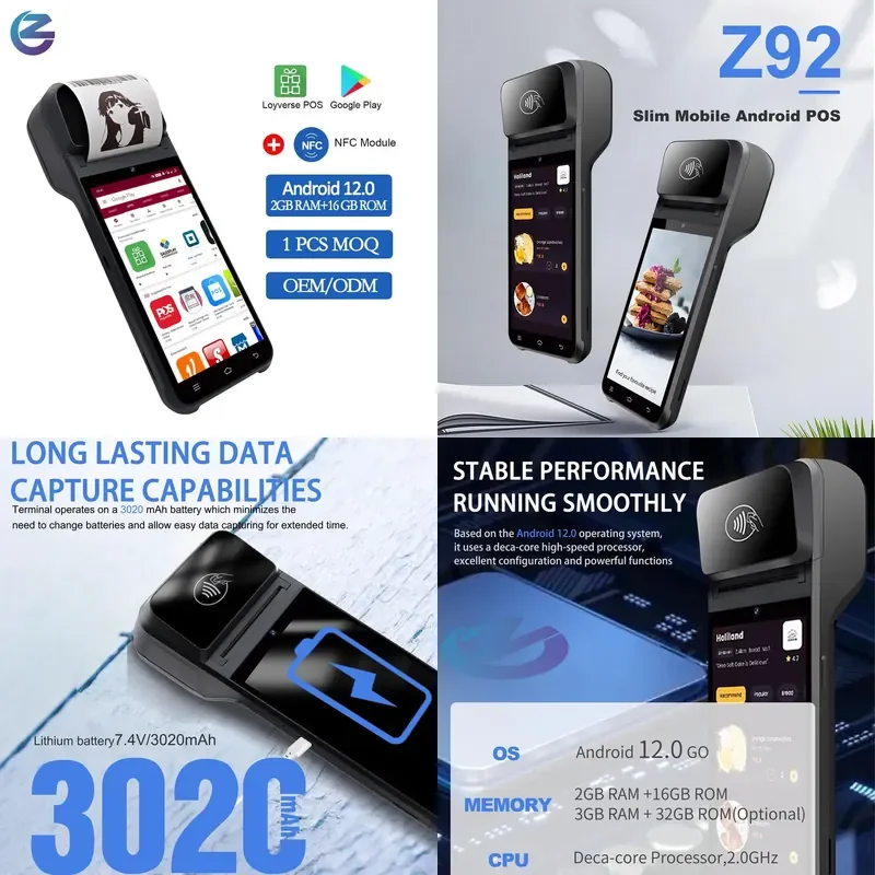 Z92 5.5 Inch Touch Screen Barcode Scanner NFC Reader Android 8.0 Smart POS System Terminal with Thermal Receipt Printer