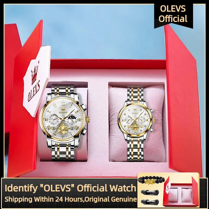 OLEVS Top  Brand Quartz Couple Watch Waterproof Lunar Phase Watch Classic Lover Date Week Clock His or Her Watch Set Gift 2859