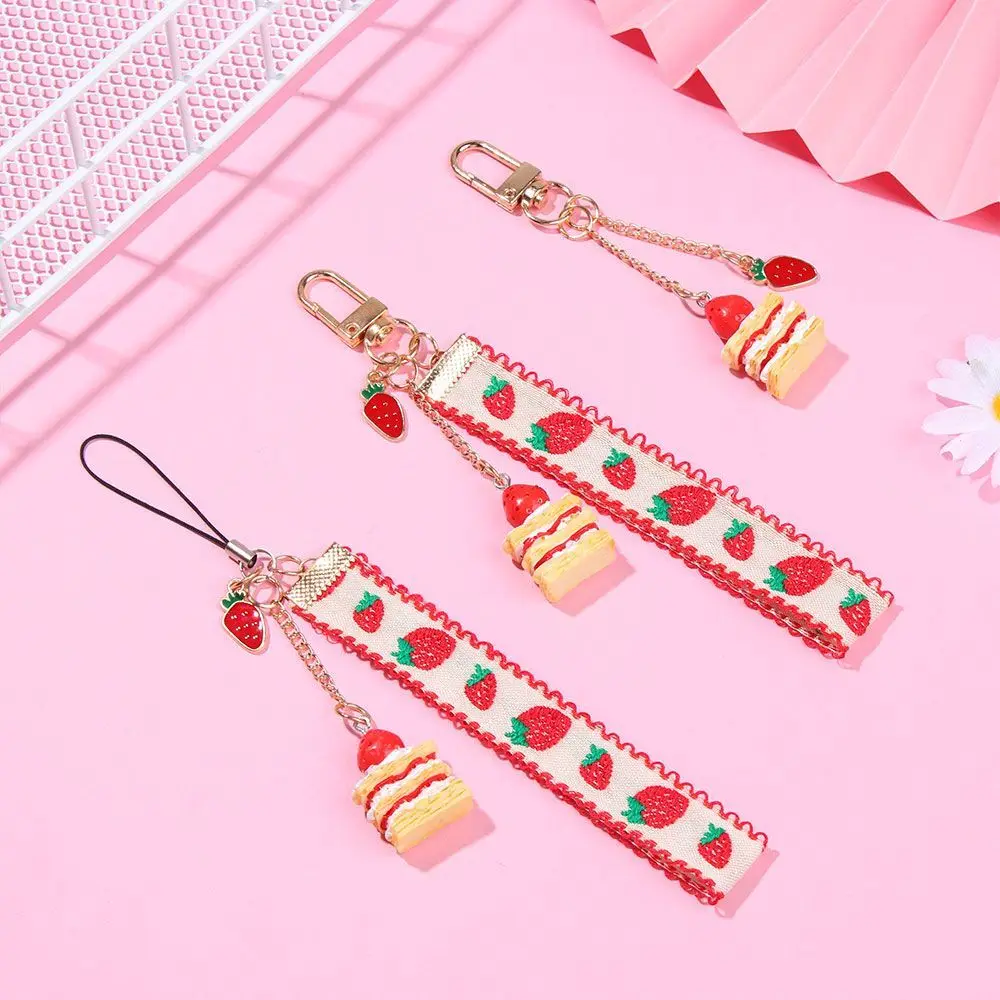 Short Strap Lanyards For Phone Keys Mobile Phone Strap Hang Rope Phone Charm Popular Cute Japanese Strawberry Cake Decor Gift