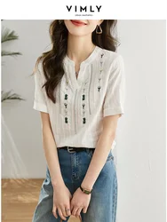 Vimly 100% Cotton Short Sleeve Shirt Women 2024 Female Summer Tops Straight Floral Embroidery Ladies French Shirts & Blouses