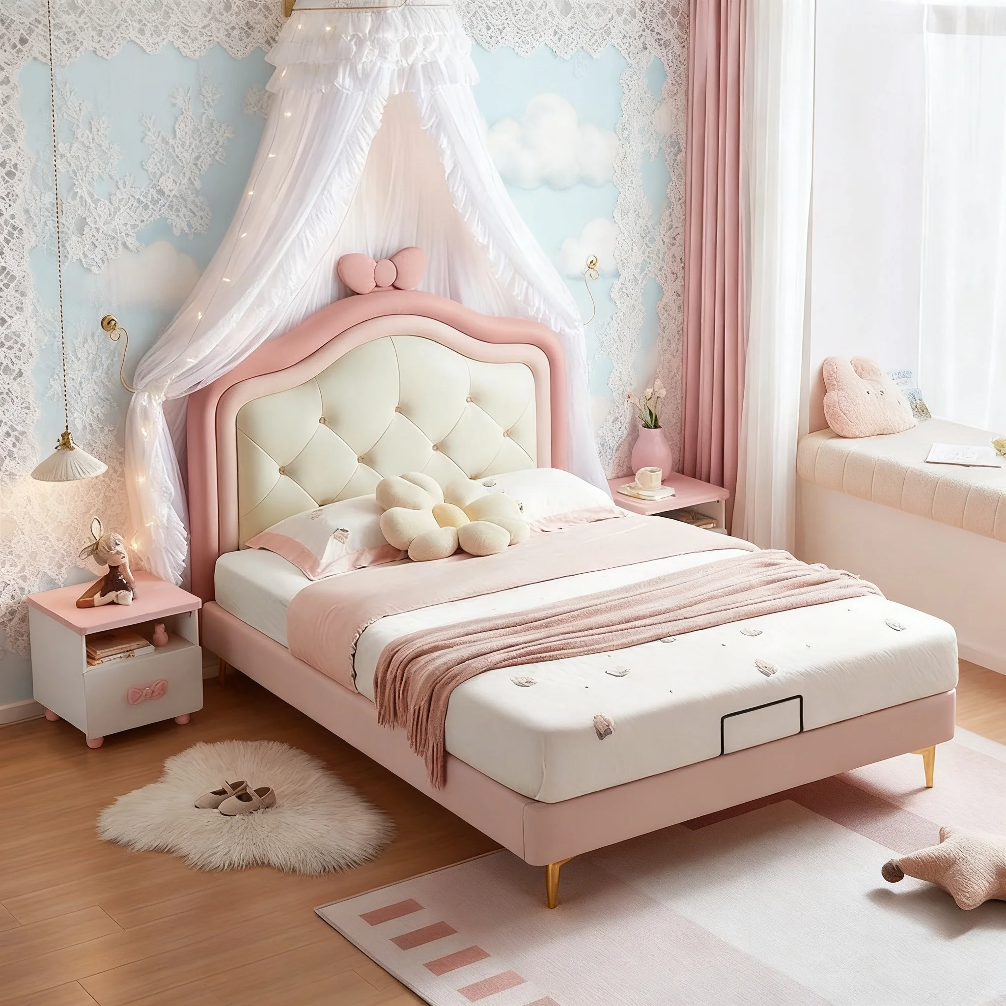 Modern Girls' Luxurious Pink Strawberry Princess Bed Wooden Frame Fabric Upholstery Single Child Room Soft Bag Dreamy Design