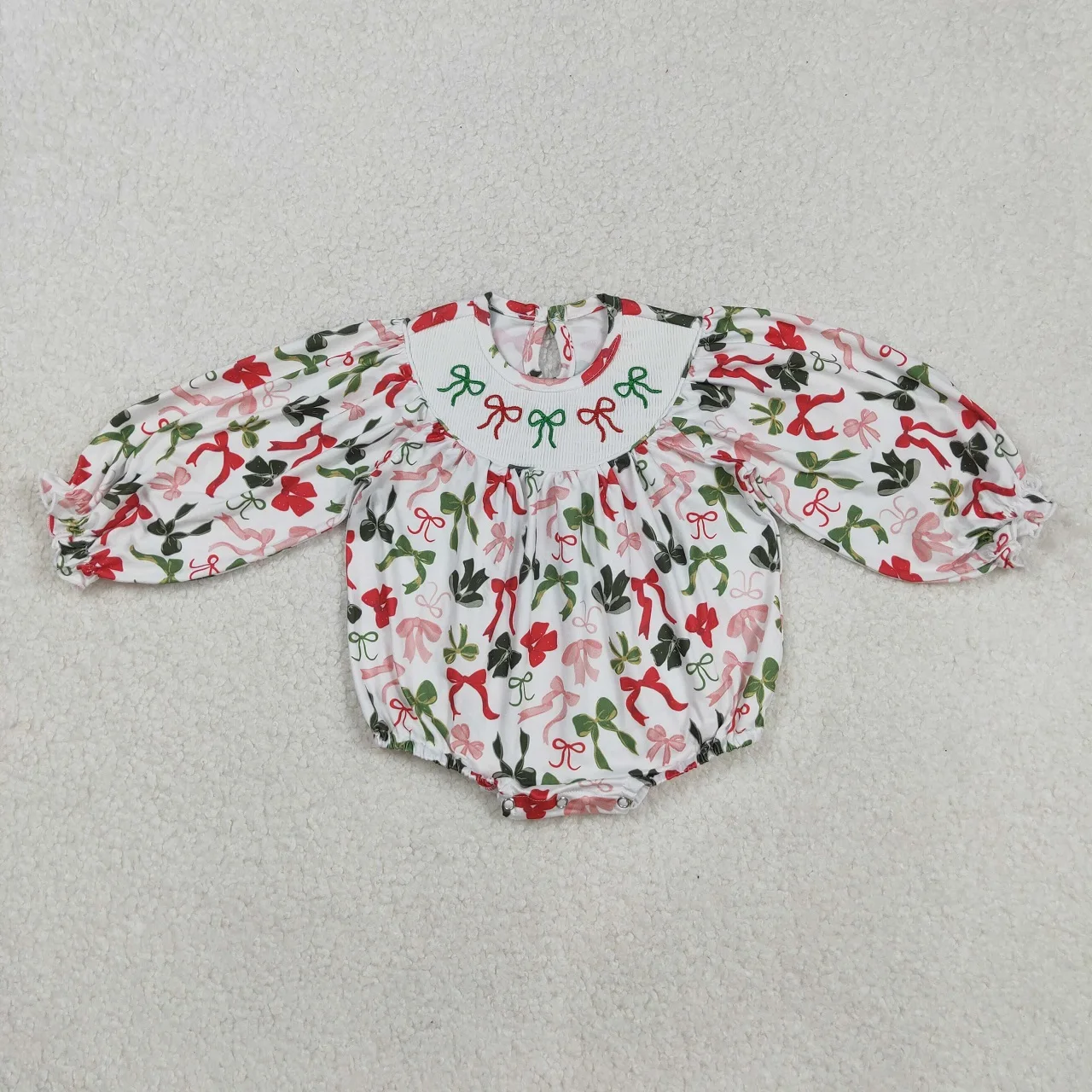 

Wholesale Infant Christmas Embroidery Bows Clothing Baby Kids Children Long Sleeves Girl Smocked Jumpsuit Newborn Toddler Romper