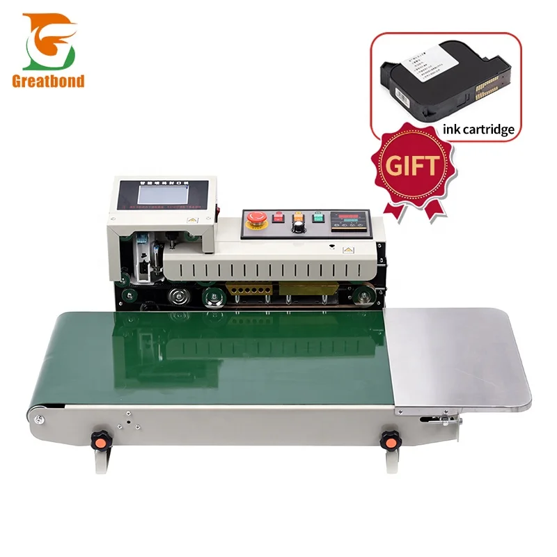 Continuous Belt Conveyor Sealer Widen Print logo Coding Custom Cartridge Ink Emergency Stop Horizontal Inkjet Sealing Machine