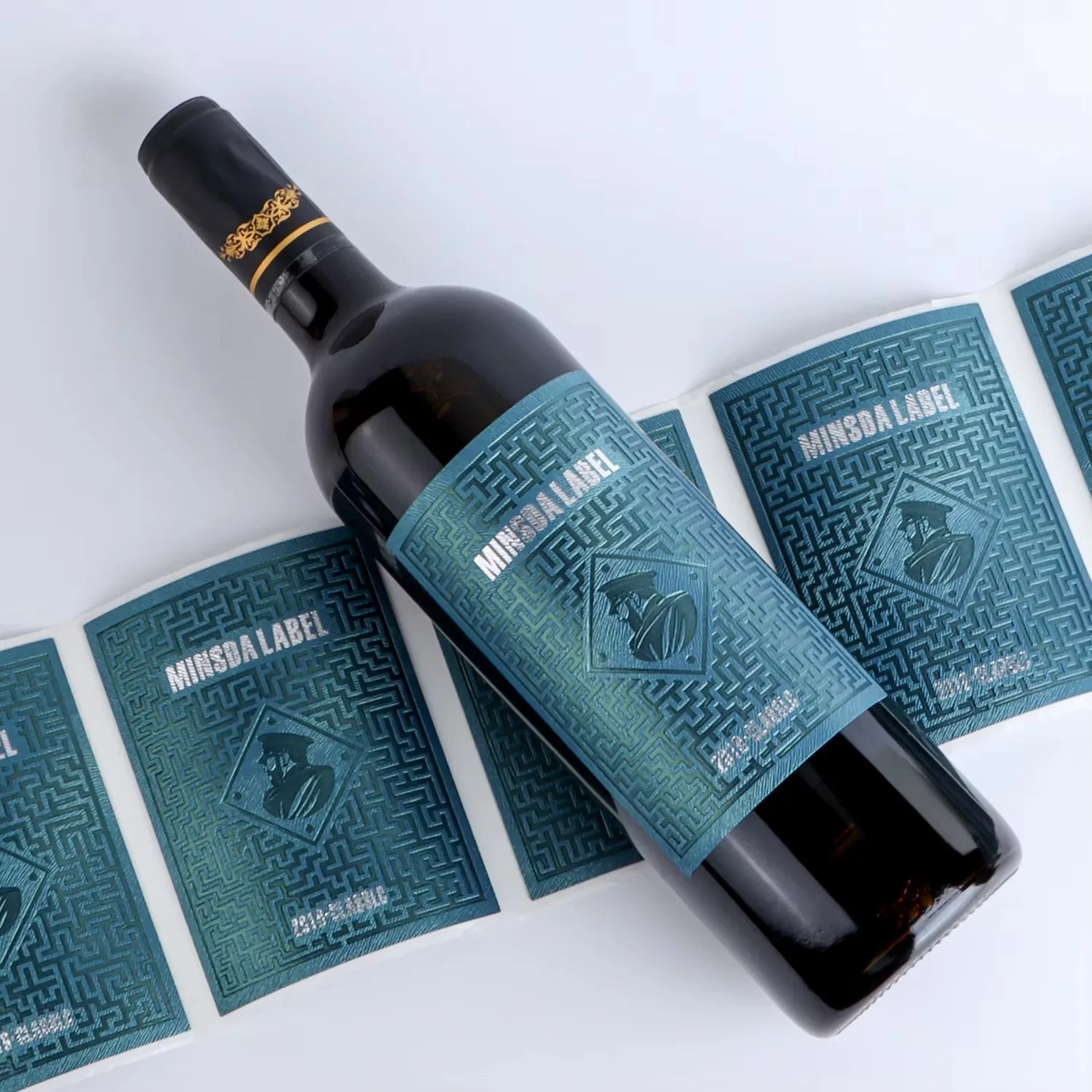 Custom | Textured PU PVC Leather Wine Label | Embossed Gold Silver Foil Waterproof Sticker for Wine Bottles