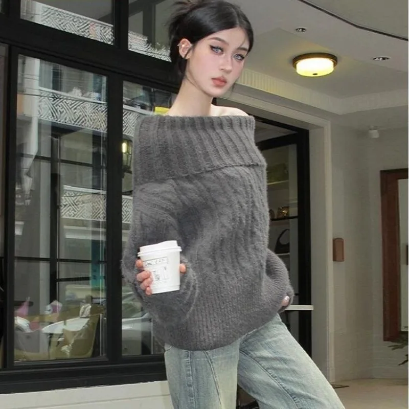 

Deeptown Elegant Gray Twisted Women Sweaters Vintage Off Shoulder Slash Neck Long Sleeve Korean Fashion Knitted Pullovers Loose