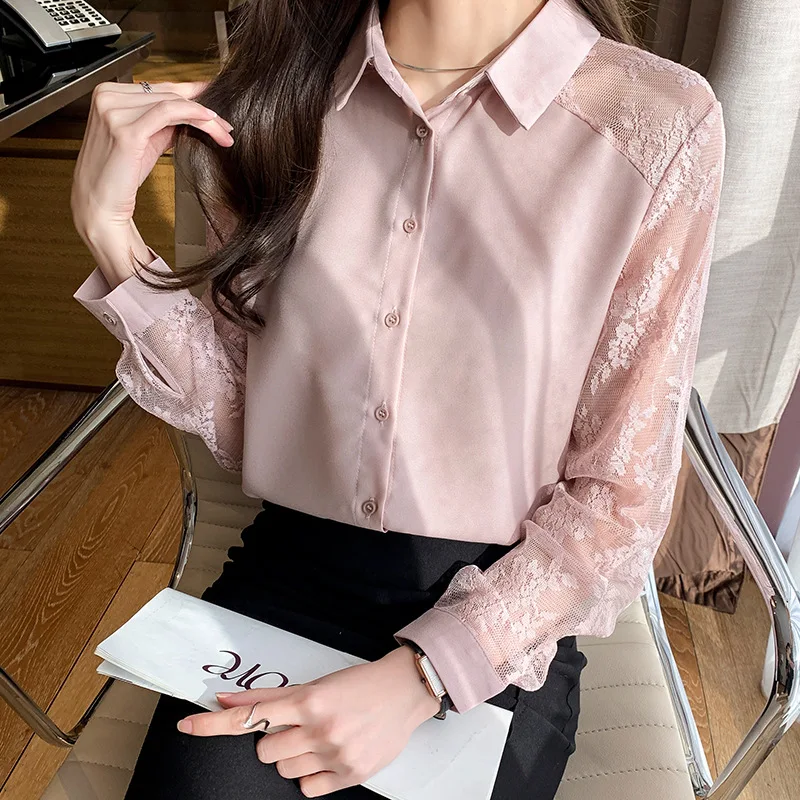 Camicia in Chiffon Patchwork di pizzo con risvolto delle nuove donne in stile occidentale francese 2023 Top scavato della ragazza del commerciante