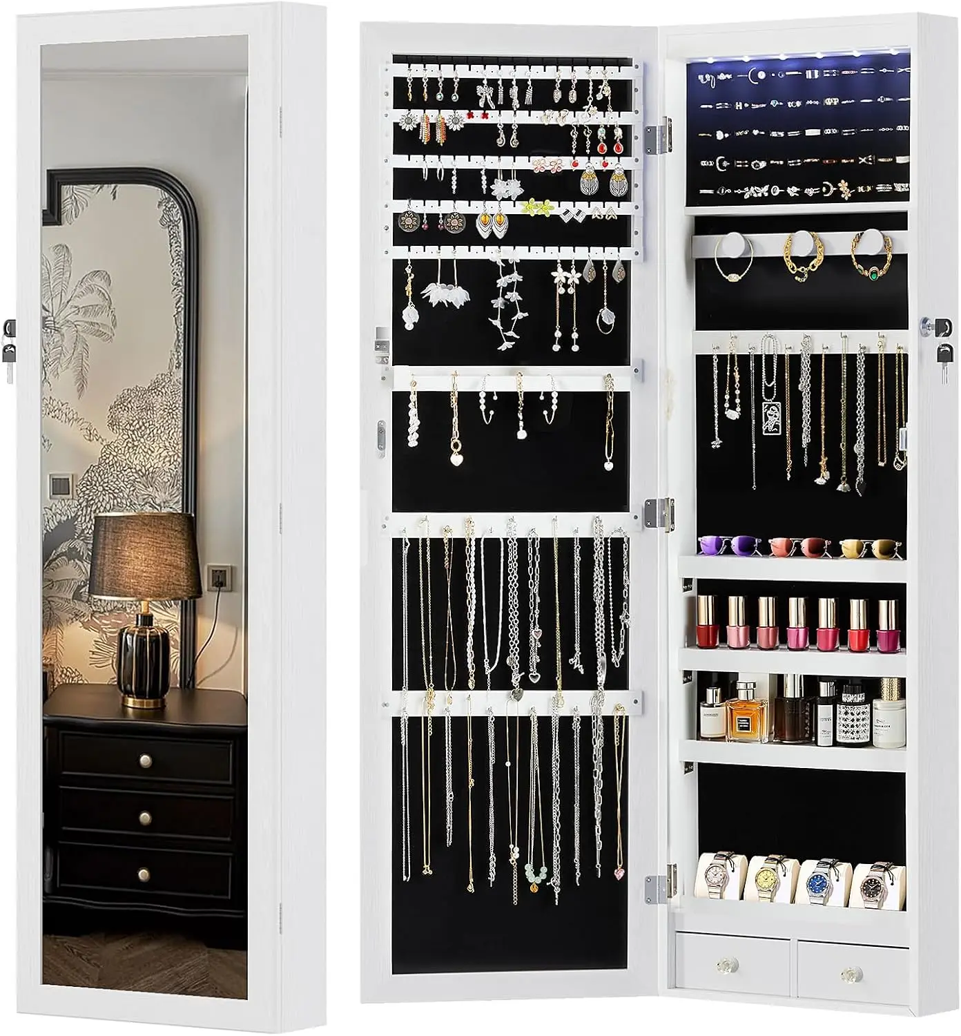 Tall Lockable Jewelry Armoire with Full Length Mirror | Large Capacity With 33 Necklace Hooks & Drawers.White