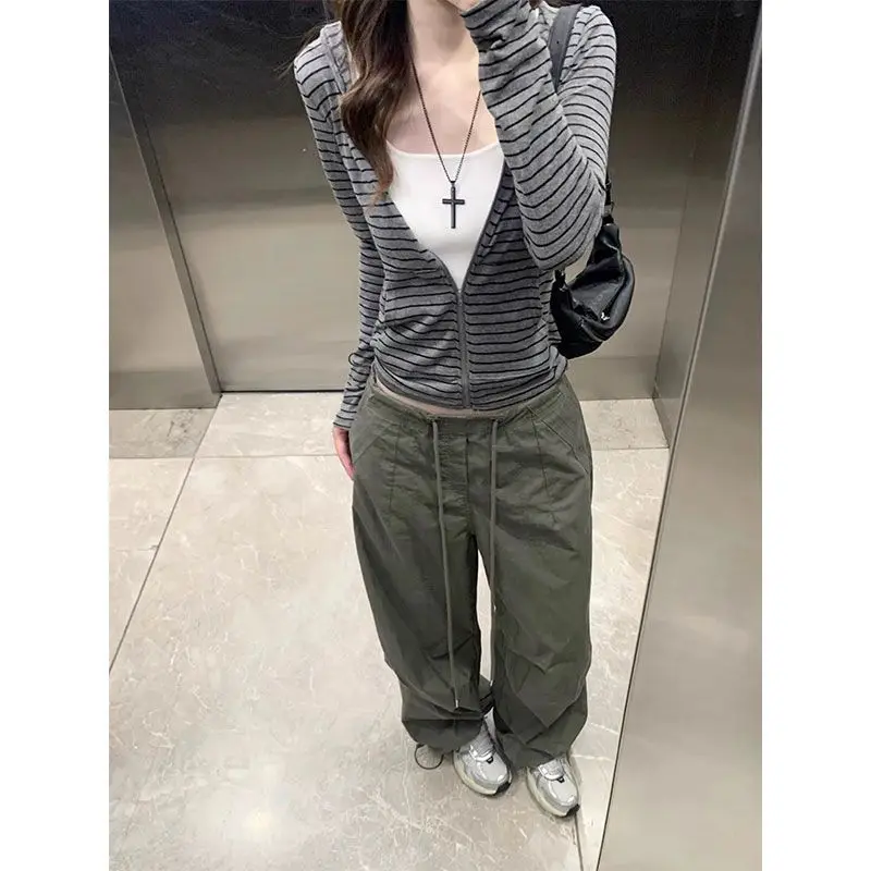 Deeptown Gray Striped Women Zipper Hoodies Long Sleeve Korean Fashion Pocket Hooded Sweatshirts Slim Lightweight Commute Autumn
