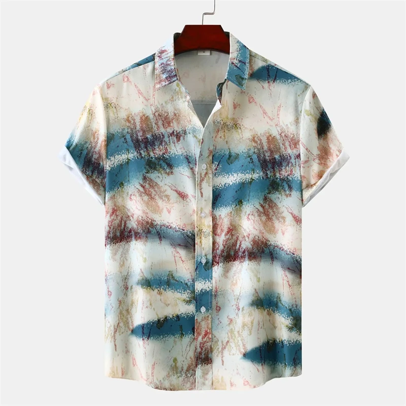 Vacation Hawaii Trend Men's Beach Shirts New Fashion Stripe Print Harajuku T-shirt Y2k Tops Lapel Buttons Leisure Blouse Clothes