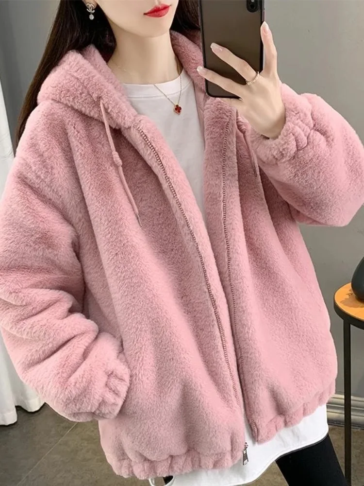 فو الفراء معاطف منتصف طول جاكيتات المرأة معطف مقنع سميكة الدافئة Y2k الشارع الشهير سترة سستة ملابس خارجية فضفاضة غير رسمية الخريف الشتاء #5