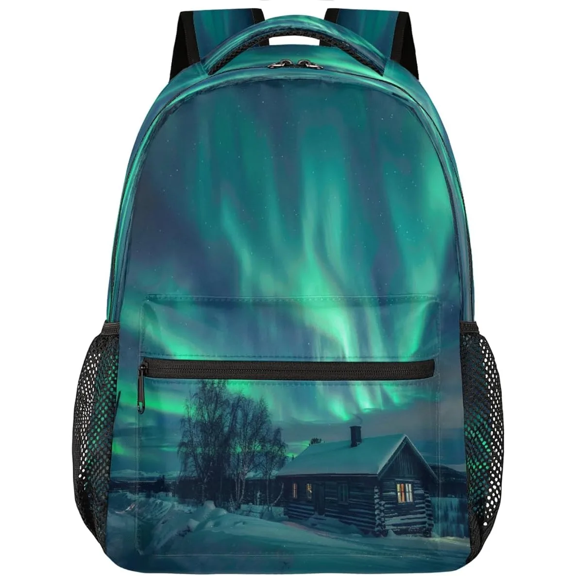 

Northern Lights Wooden Cottage Backpack Laptop Backpacks Casual College Travel Bag Hiking Daypack for Women Men