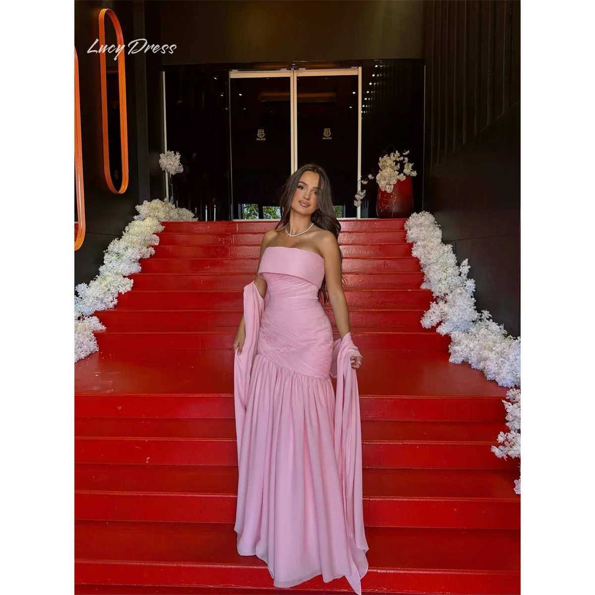 Lucy Pink Prom Dress A-Line Strapless Sleeveless Evening Dresses Ruched Bodice Detached Drape Panels Floor Length Fit Customized
