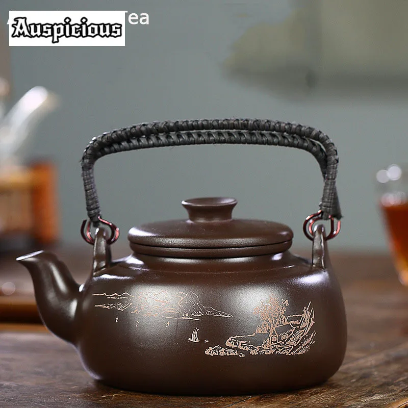 770ml Authentic Yixing Raw Ore Purple Clay High Capacity Loop-handled Teapot  Handmade Sculpture Landscape Chinese Kungfu Teaset