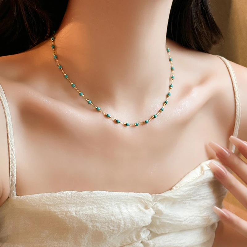 Retro Grüne Perle Gold Farbe Kette Schlüsselbein Kette 2025, Neue Mode-Design Schmuck Für Sommer frauen Sexy Halskette Zubehör – Detail 6