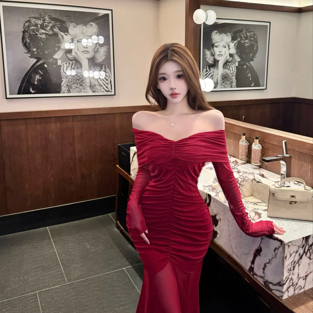 

Long Lace Splice One oulder Pleated Slimming Wrap Body Long Dr Autumn Winter Women's High Waist Pure Desire Sle Dr