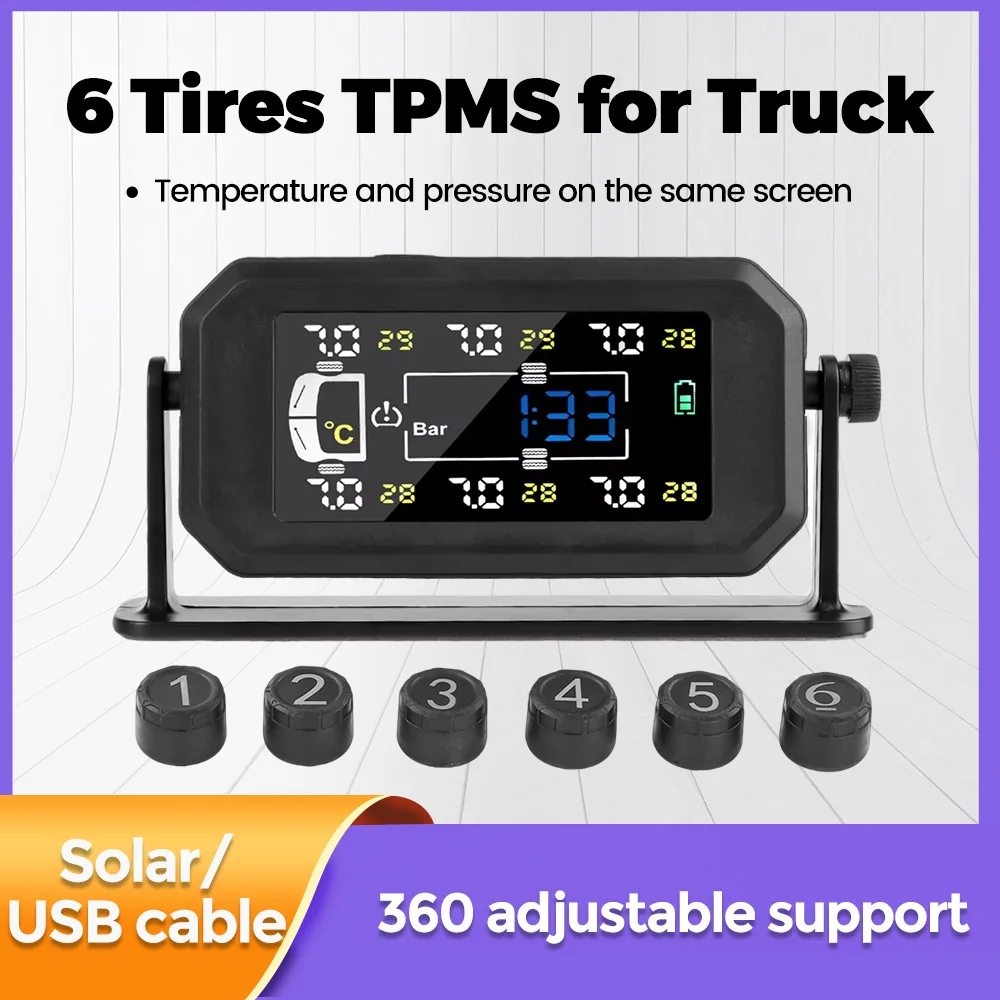 

6-шинная система контроля давления, сигнализация для грузовиков, USB-кабель на солнечной энергии, регулируемая на 360 градусов поддержка