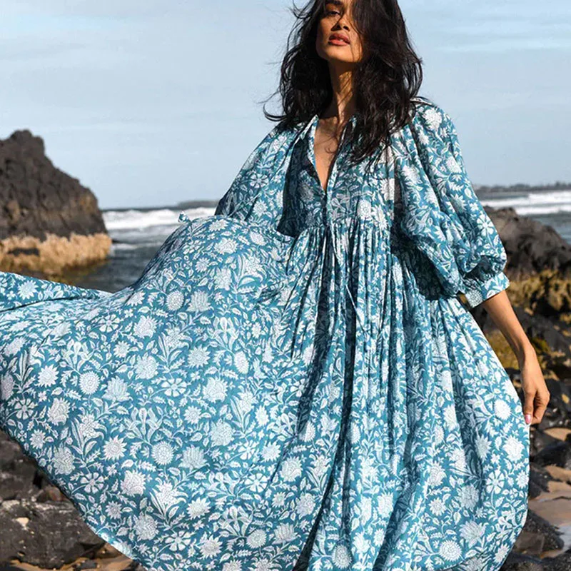 Boho Style Vintage Floral Long Dress Women Fashion Streetwear Puff Sleeve Patchwork Pleated Dresses Casual Vacation Beach Dress