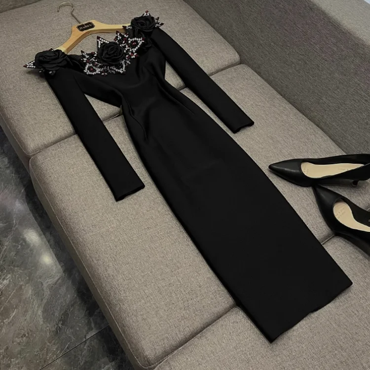 

Sexy Boat Neck Lady Party Wear Long Sleeve Rhinestone Flower Neckline Women Slim Solid Midi Black Dress