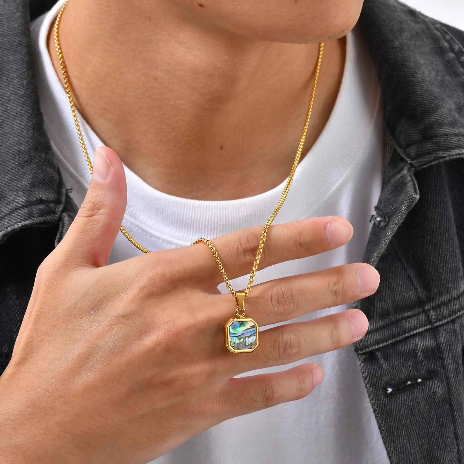 Trendige Herren-Halskette, quadratische Abalone-Muschel-Edelstahl-Halskette, Geburtstagsfeier, Vater-Schmuck, Geschenk – Detail 6
